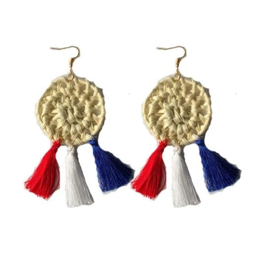 American Independence Day Flag Earrings RedWhiteBlue Tassel Earrings Handmade Bamboo Weaving Earrings Image 2