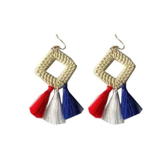 American Independence Day Flag Earrings RedWhiteBlue Tassel Earrings Handmade Bamboo Weaving Earrings Image 3