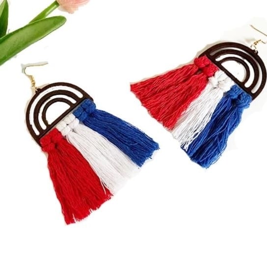 American Independence Day Flag Earrings RedWhiteBlue Tassel Earrings Handmade Bamboo Weaving Earrings Image 1