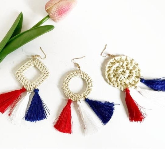 American Independence Day Flag Earrings RedWhiteBlue Tassel Earrings Handmade Bamboo Weaving Earrings Image 4