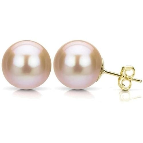 10K Yellow Gold Plated 10 Mm Pink Pearl Round Stud Earrings Image 1