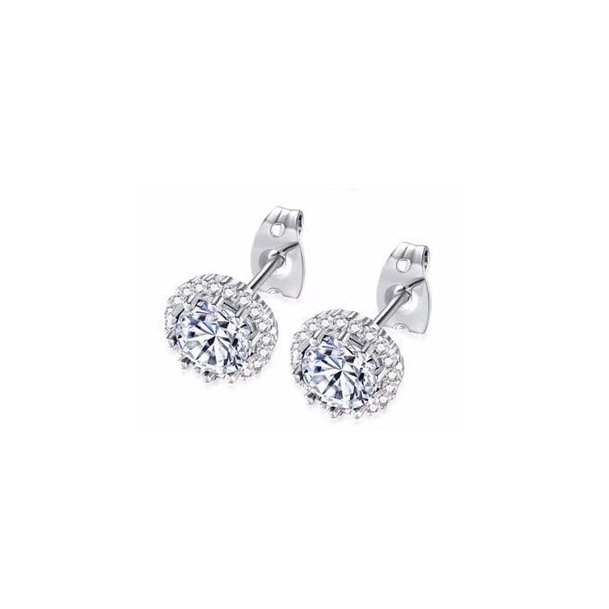 10k White Gold Plated 2 Ct Created Halo Round White Sapphire Stud Earrings Image 1