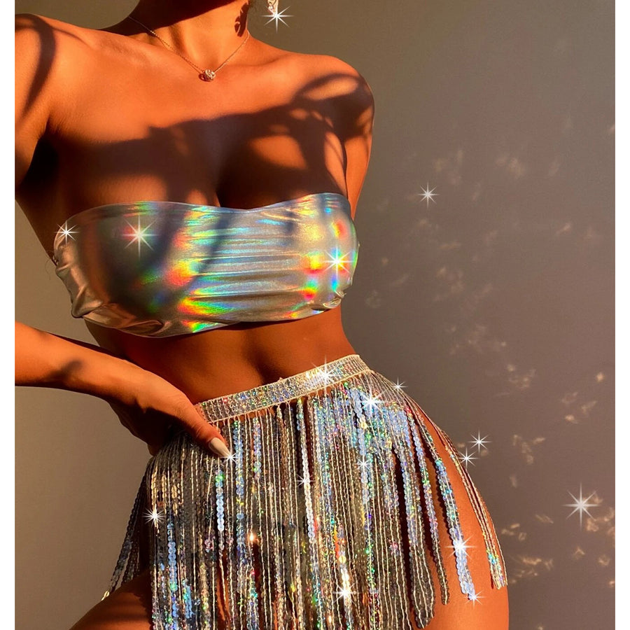 3pack Holographic Bandeau Bikini Swimsuit and Sequin Fringe Beach Skirt Image 1