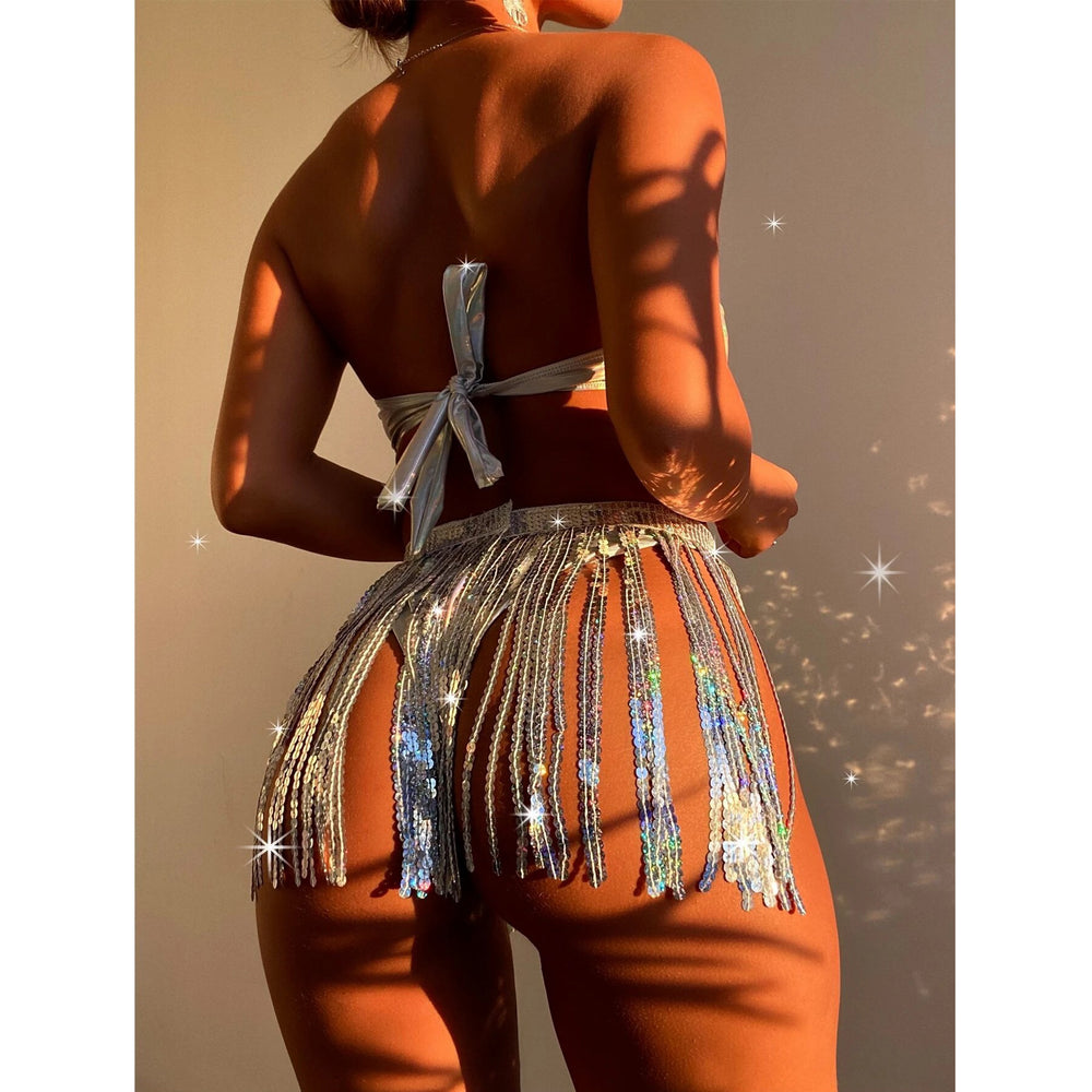 3pack Holographic Bandeau Bikini Swimsuit and Sequin Fringe Beach Skirt Image 2