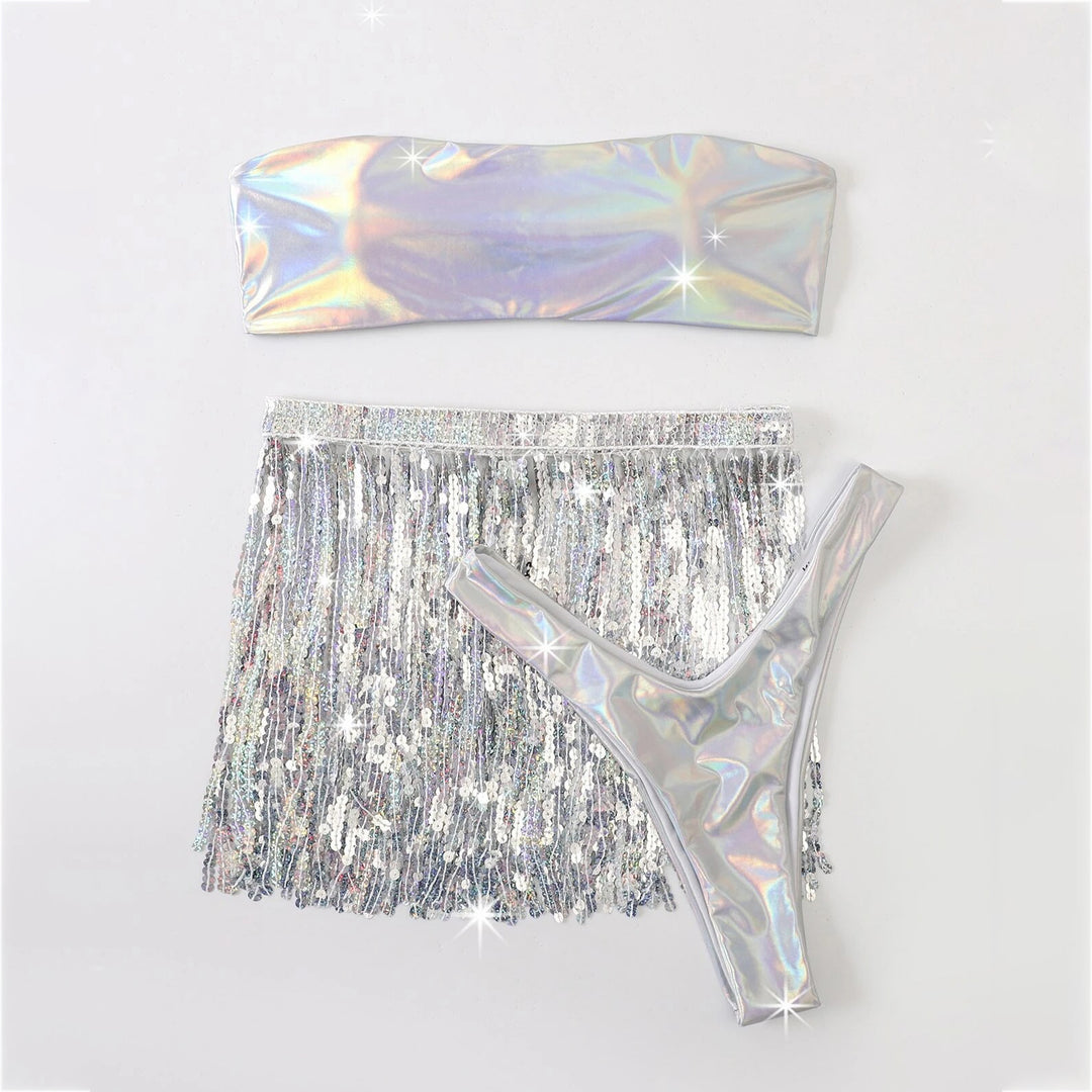 3pack Holographic Bandeau Bikini Swimsuit and Sequin Fringe Beach Skirt Image 4