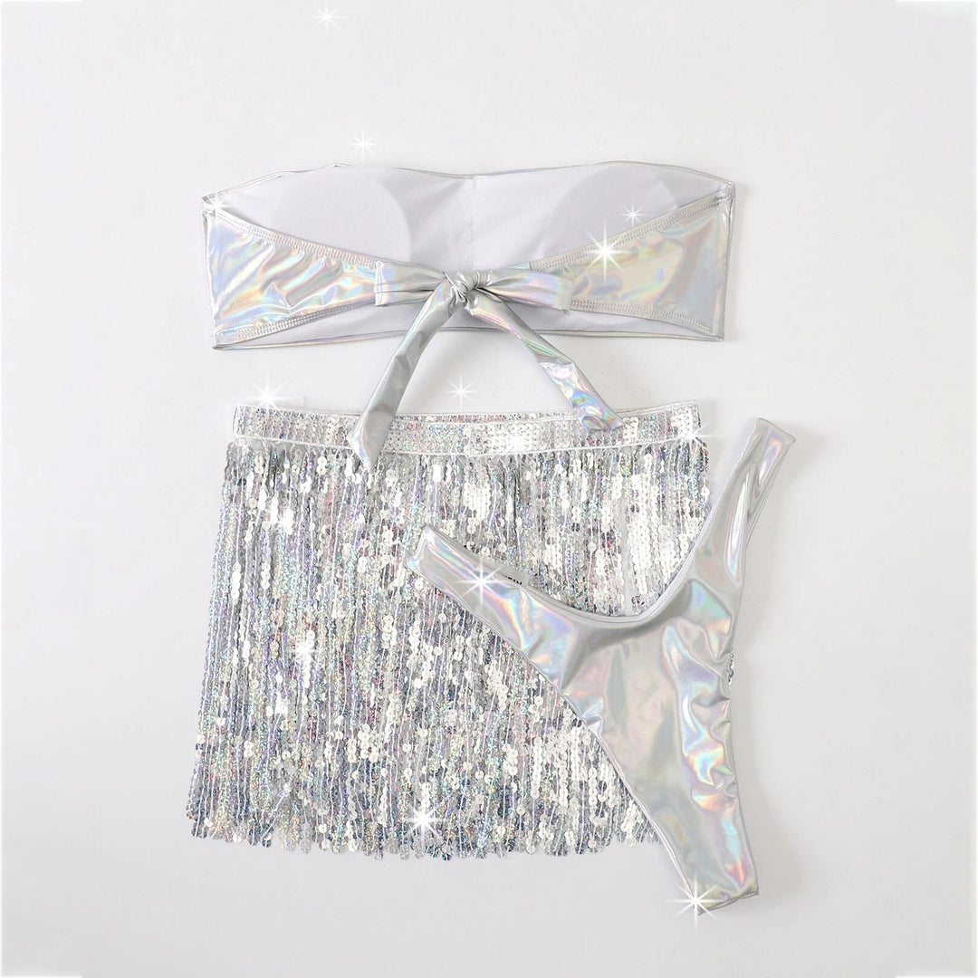 3pack Holographic Bandeau Bikini Swimsuit and Sequin Fringe Beach Skirt Image 6