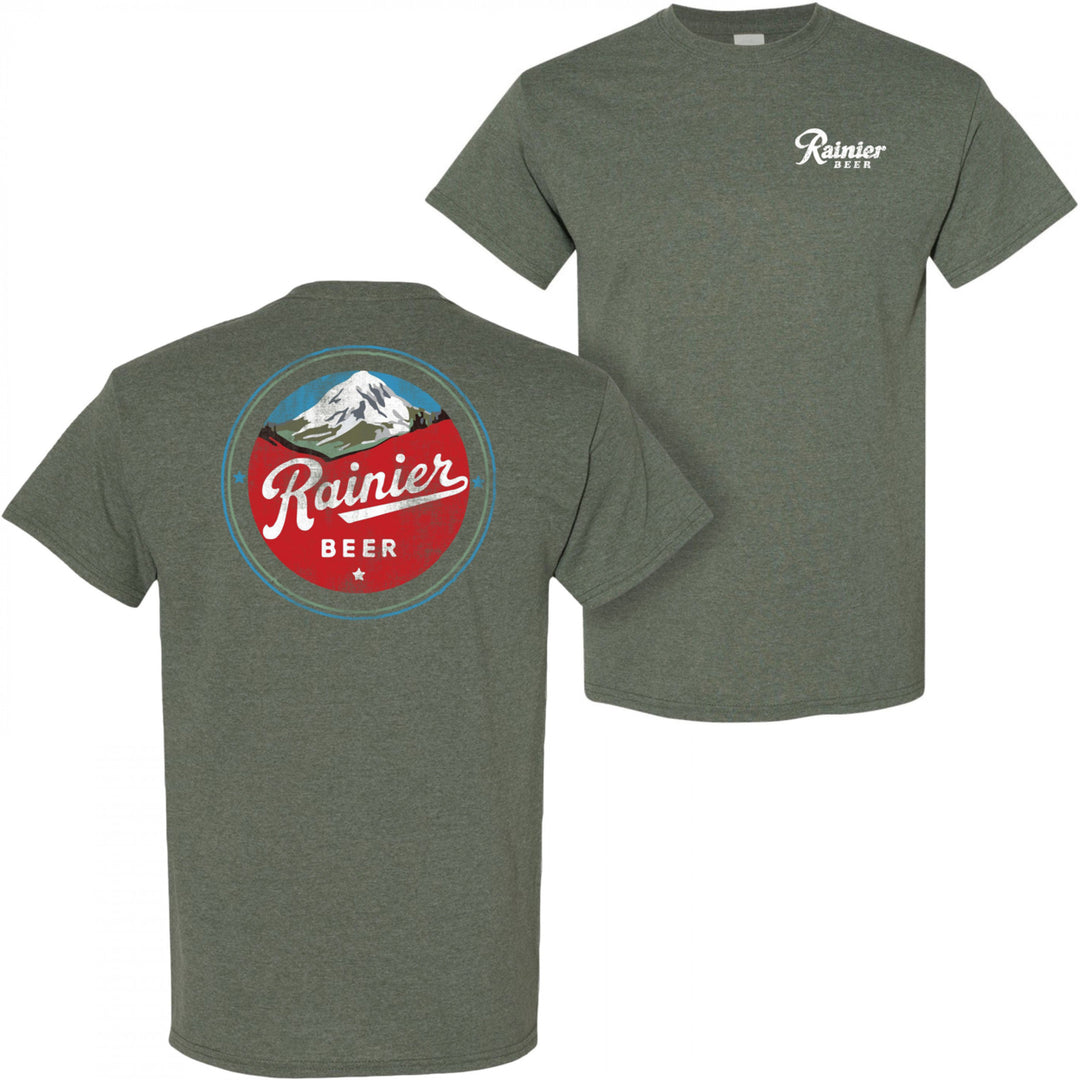 Rainier Beer Distressed Mountain Logo Front and Back T-Shirt Image 1