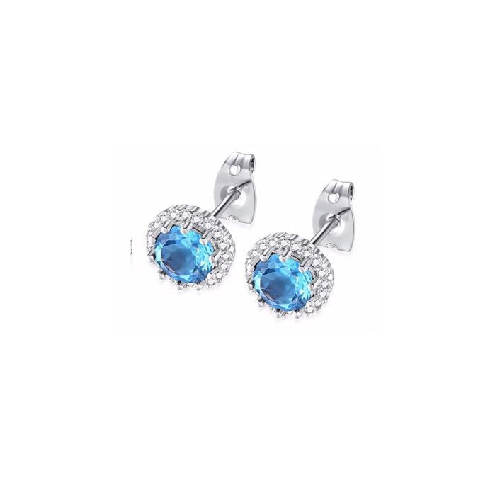 10k White Gold Plated 2 Ct Created Halo Round Blue Topaz Stud Earrings Image 1