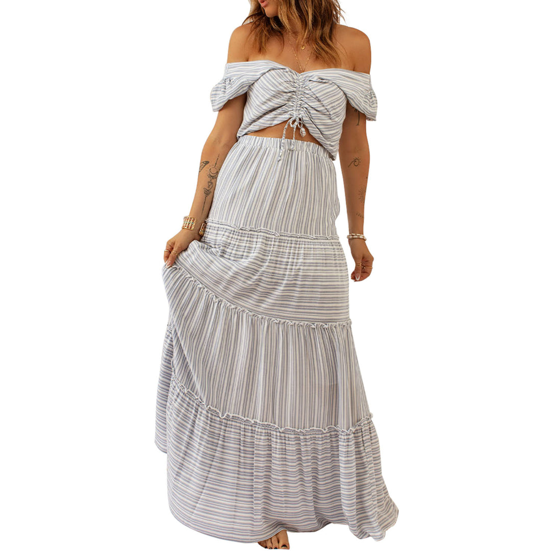 Women's Striped Print Lace-up Crop Top Tiered Ruffle Maxi Skirt Set Image 1