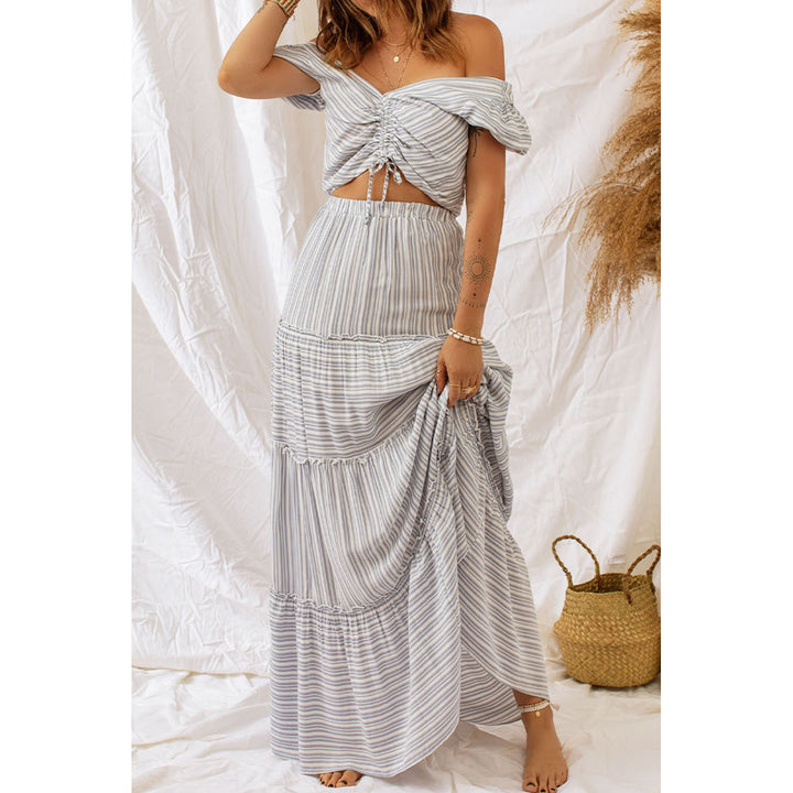 Women's Striped Print Lace-up Crop Top Tiered Ruffle Maxi Skirt Set Image 2