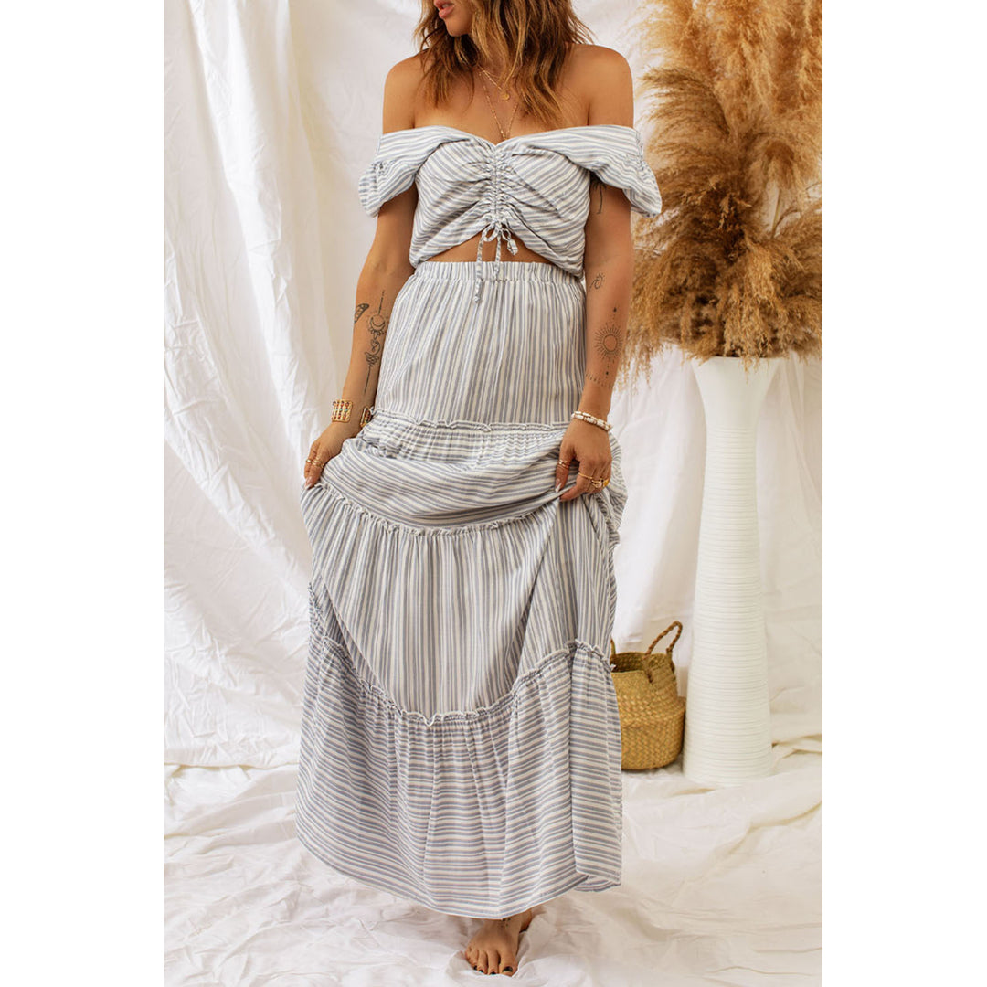 Women's Striped Print Lace-up Crop Top Tiered Ruffle Maxi Skirt Set Image 3