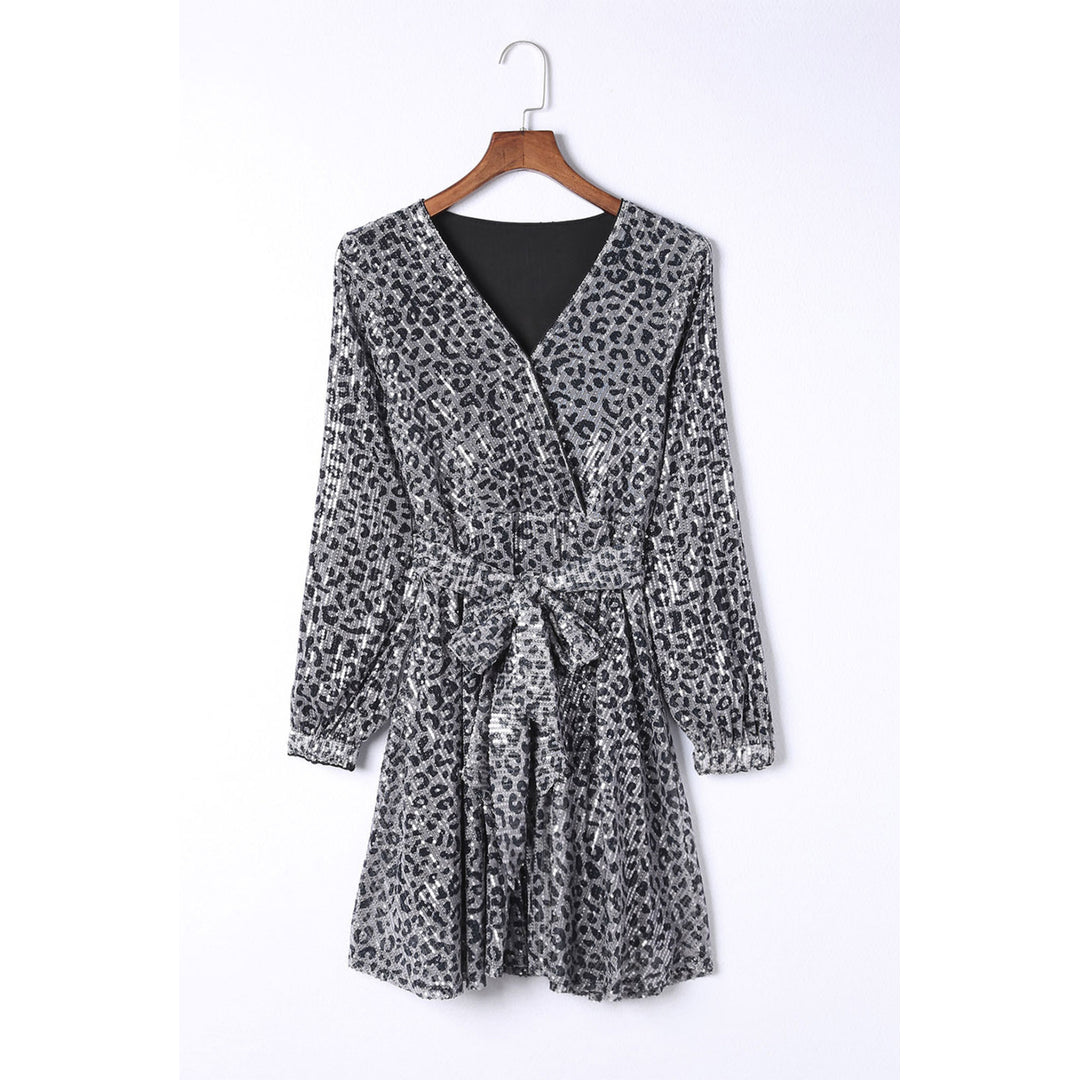 Womens Gray Leopard Sequins V Neck Wrap Dress with Tie Image 7