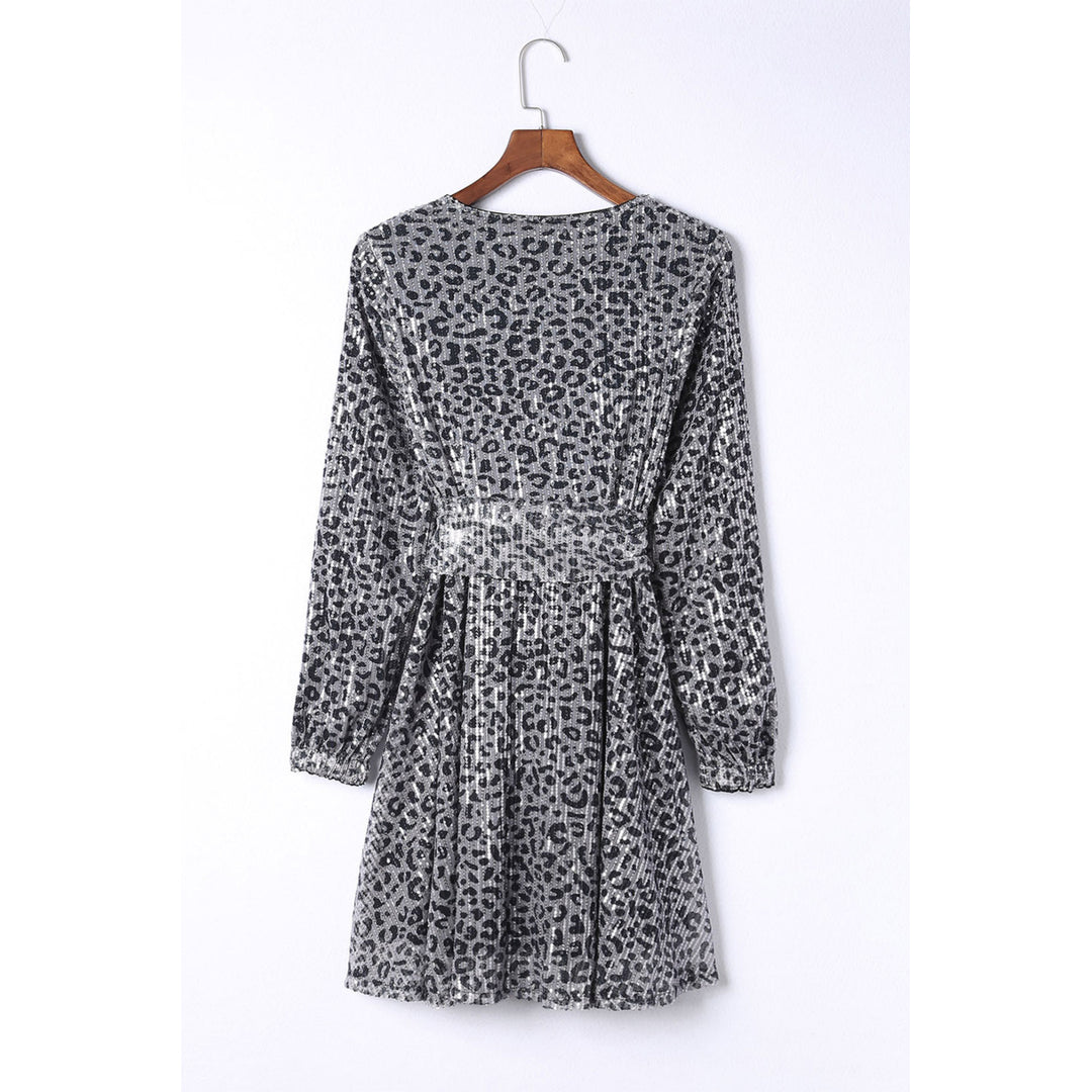 Womens Gray Leopard Sequins V Neck Wrap Dress with Tie Image 8