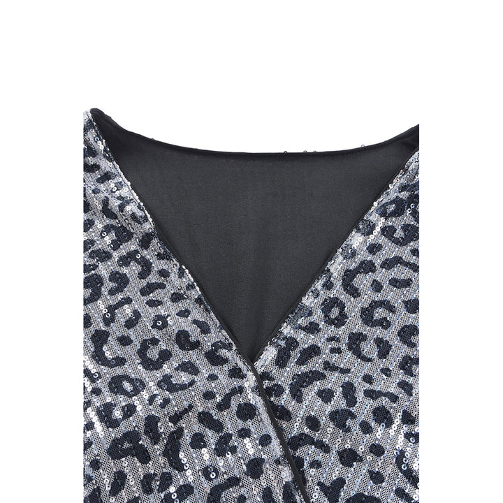 Womens Gray Leopard Sequins V Neck Wrap Dress with Tie Image 12