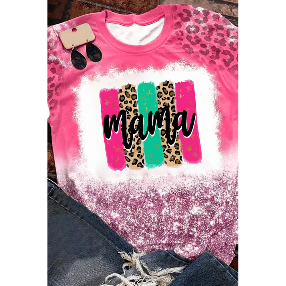 Women's Pink Bleach mama Leopard Print Short Sleeve Round Neck Tee Image 2