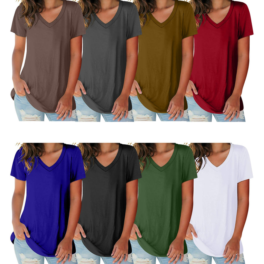 5-Pack: Ladies Ultra Soft Cotton Basic Short Sleeve V-Neck Short Sleeve Summer T-Shirts Image 1