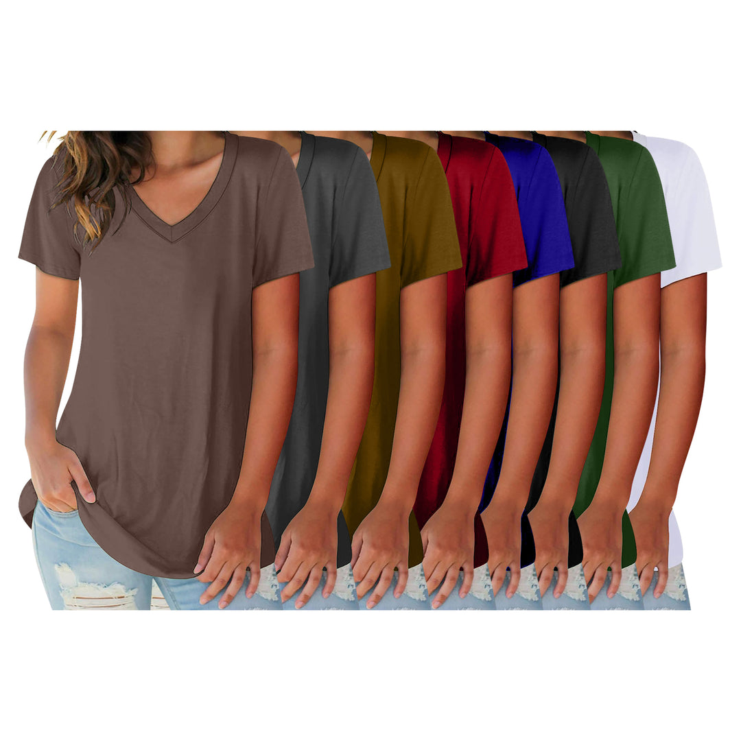 5-Pack: Ladies Ultra Soft Cotton Basic Short Sleeve V-Neck Short Sleeve Summer T-Shirts Image 2