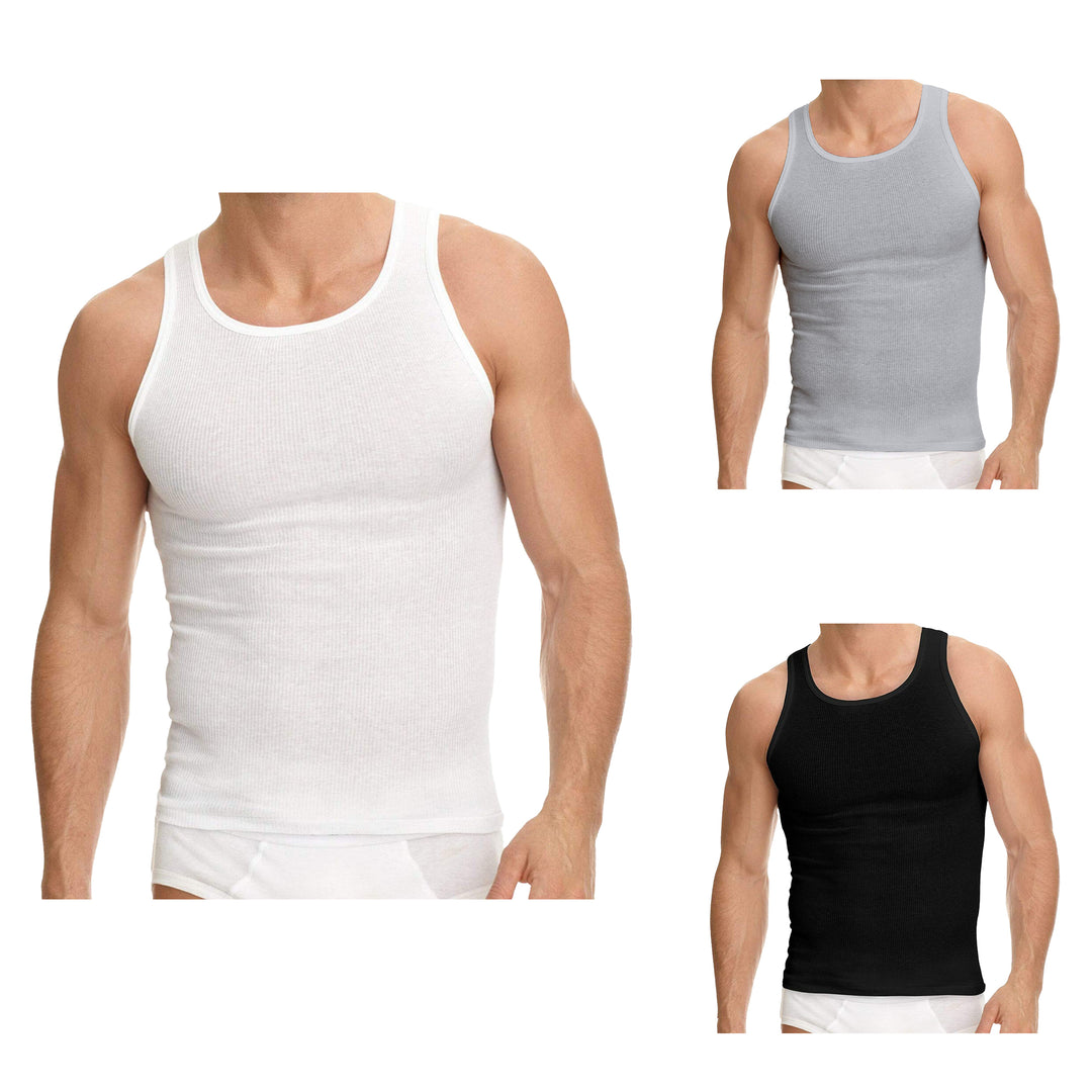 12-Pack: Mens Solid Cotton Soft Ribbed Slim-Fitting Summer Tank Tops Image 3