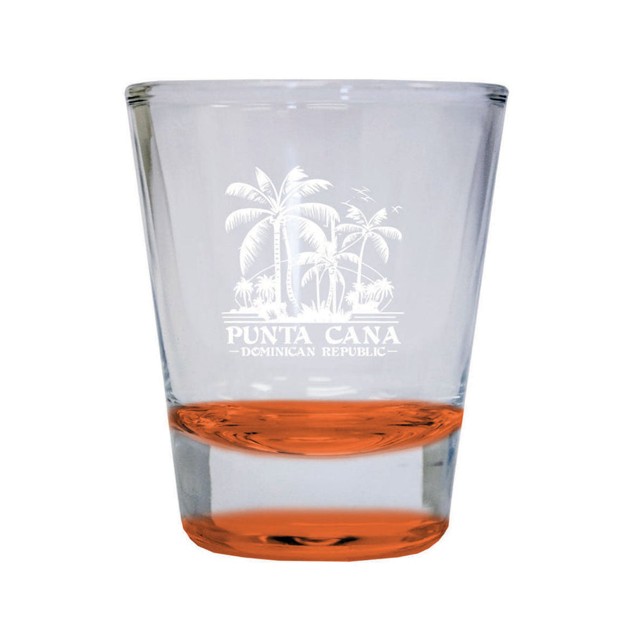 Punta Cana Dominican Republic Souvenir etched 1.5 Ounce Shot Glass Round PALM orange Design2 Image 1