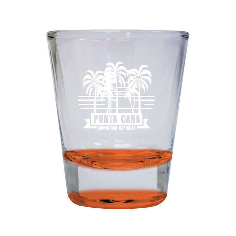 Punta Cana Dominican Republic Souvenir etched 1.5 Ounce Shot Glass Round PALM orange Design1 Image 1