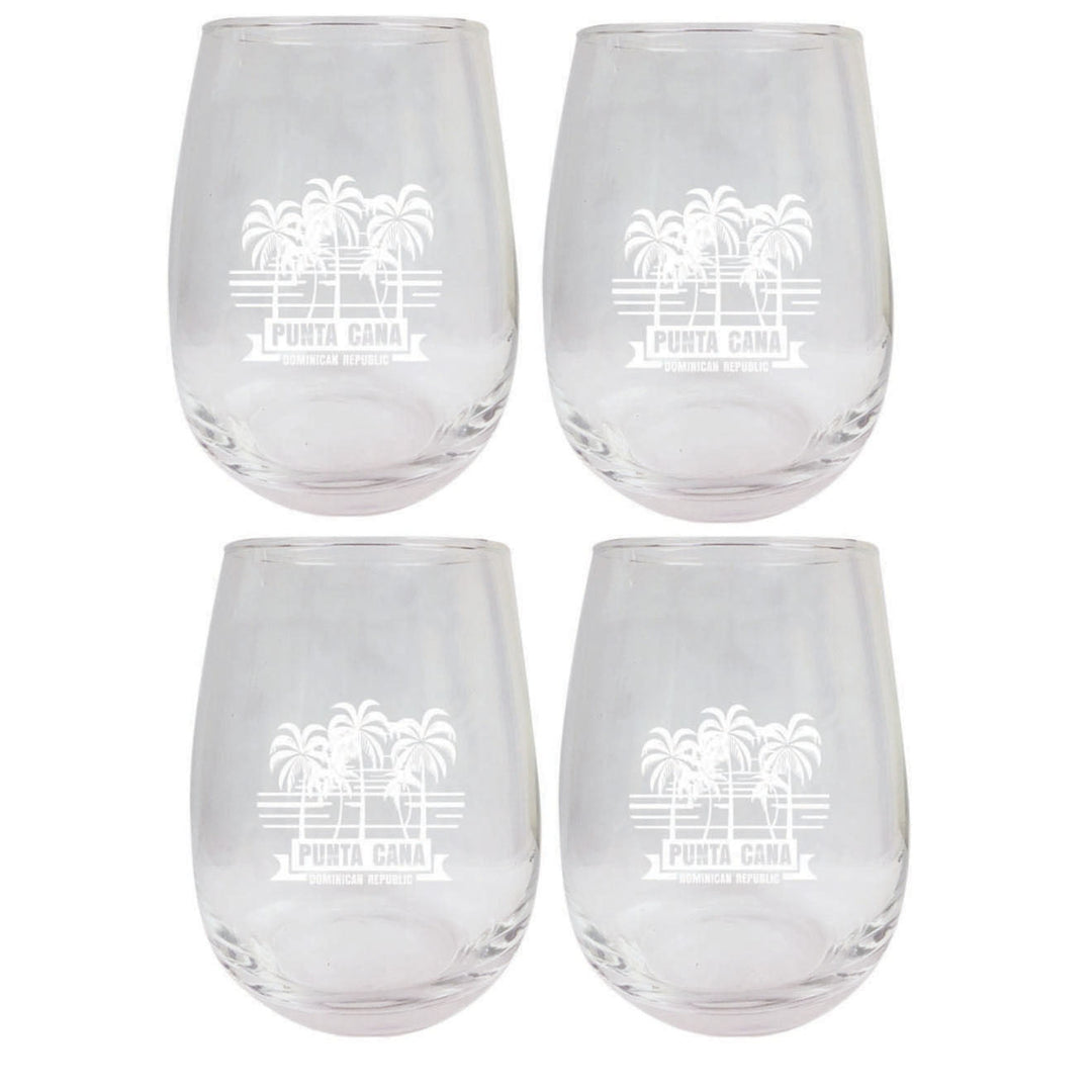 Punta Cana Dominican Republic Souvenir etched 15 oz Wine Glass 4-Pack PALM Design1 Image 1