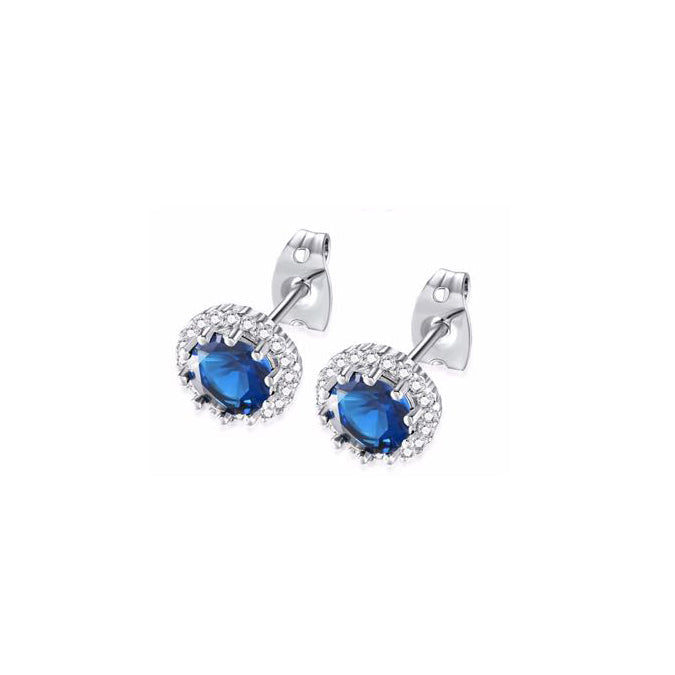 10k White Gold Plated 2 Ct Created Halo Round Blue Sapphire Stud Earrings Image 1
