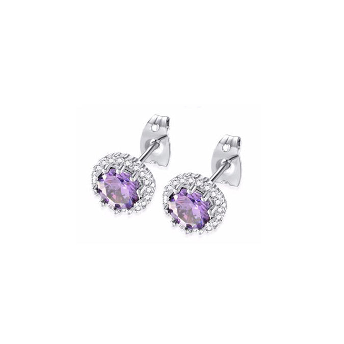 10k White Gold Plated 4 Ct Created Halo Round Amethyst Stud Earrings Image 1