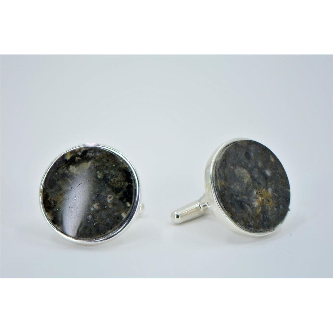 Lunar Meteorite Cufflinks - Sterling Silver - TOP METEORITE Jewelry Image 2