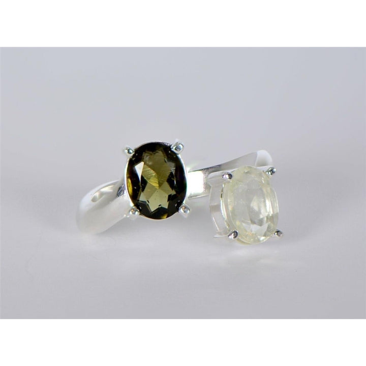 MOLDAVITE and LIBYAN DESERT GLASS beautiful faceted ring - SIZE 7 - TOP Image 3