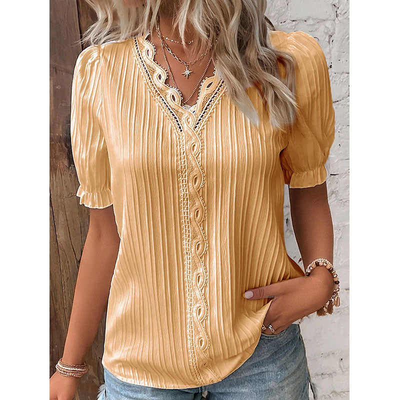 V Neck Plain Lace Elegant Shirt Image 2