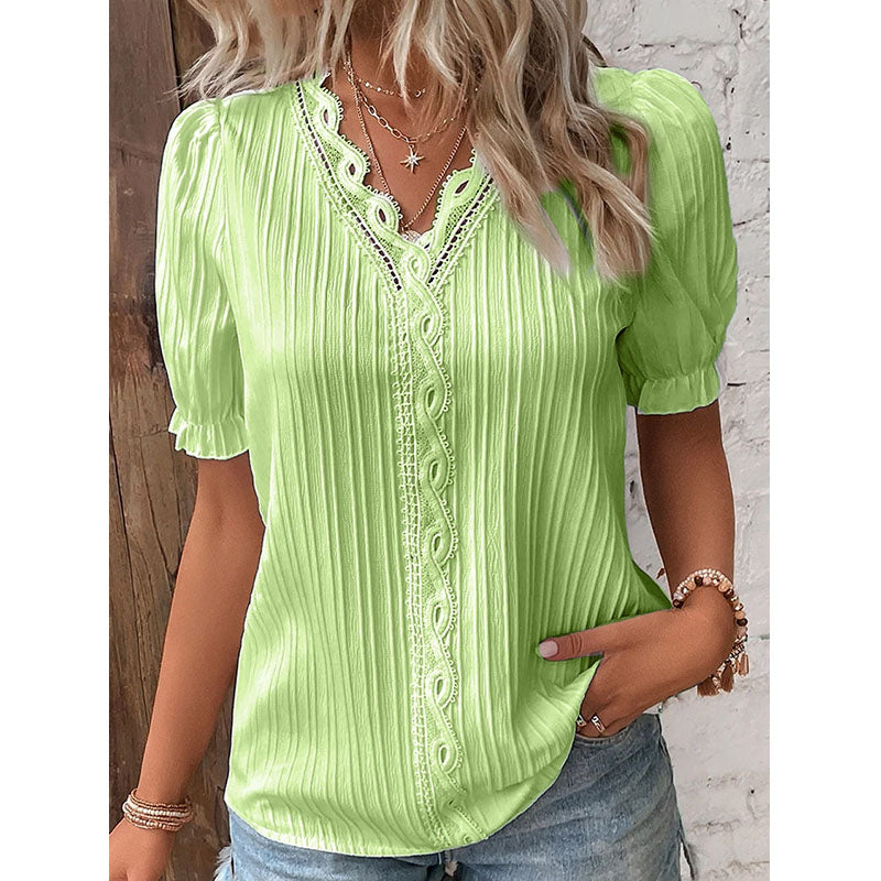 V Neck Plain Lace Elegant Shirt Image 3