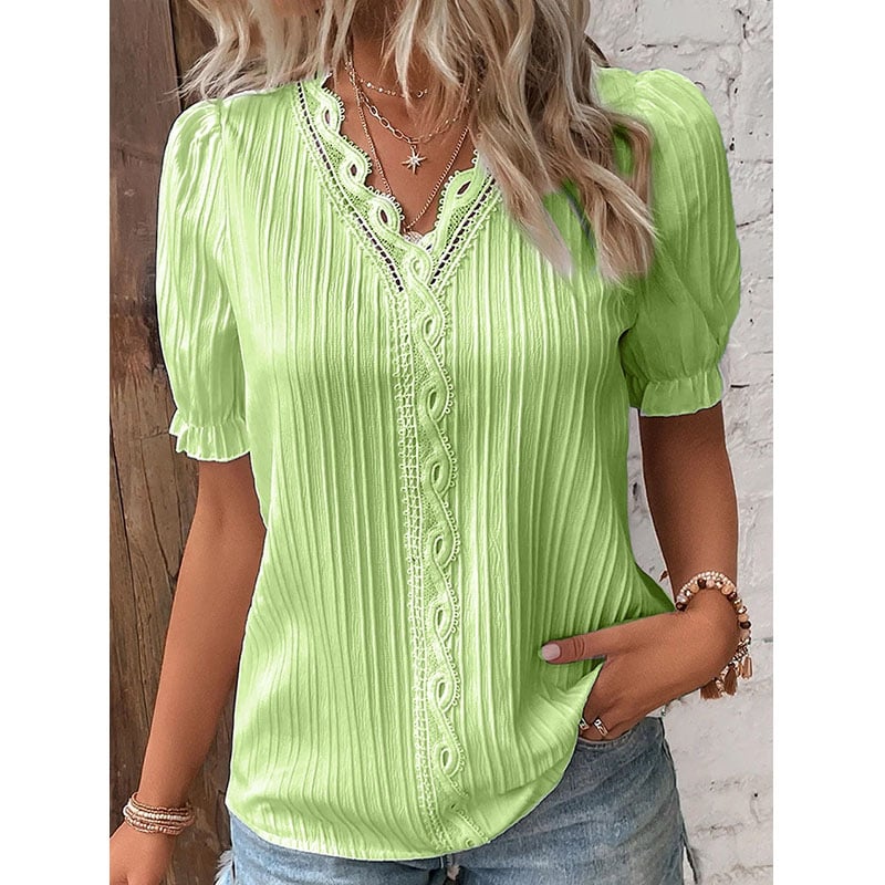 V Neck Plain Lace Elegant Shirt Image 1