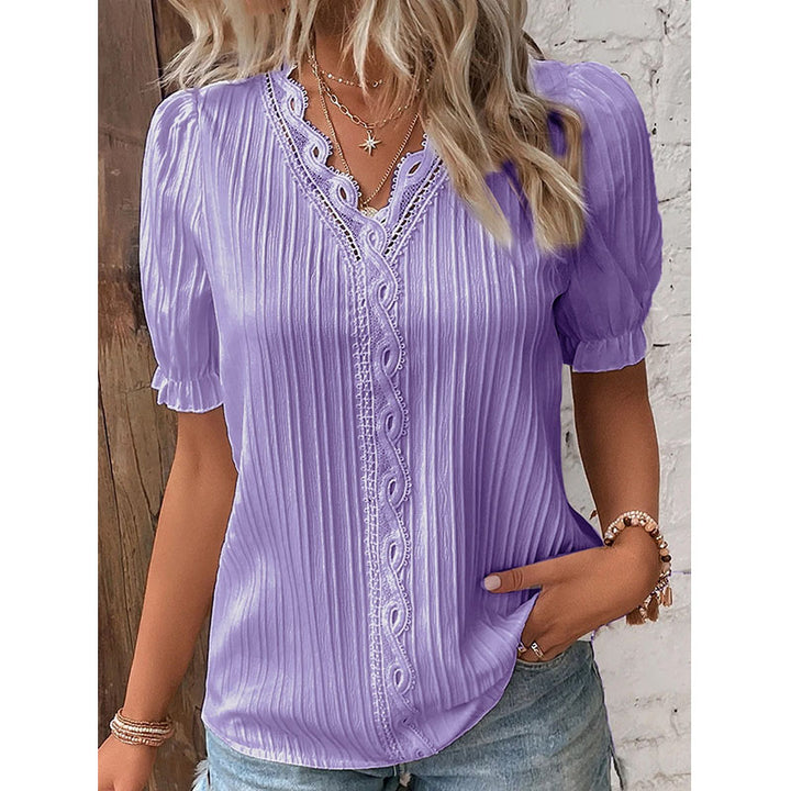 V Neck Plain Lace Elegant Shirt Image 4