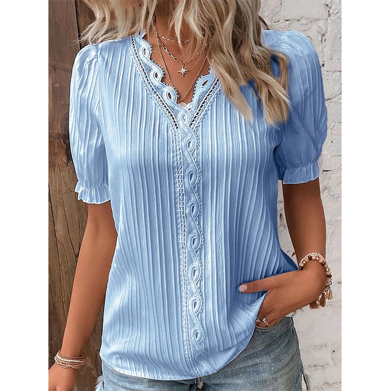 V Neck Plain Lace Elegant Shirt Image 1