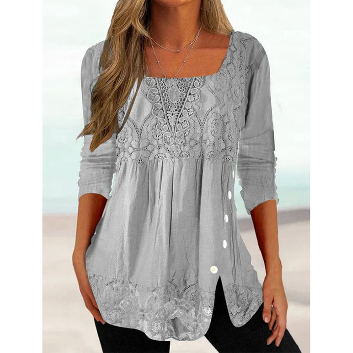 Womens Ethnic Casual Square neck Lace Tops Long Sleeve U Neck Tunic Image 2