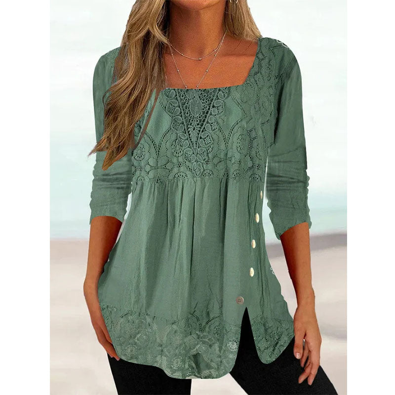 Womens Ethnic Casual Square neck Lace Tops Long Sleeve U Neck Tunic Image 3