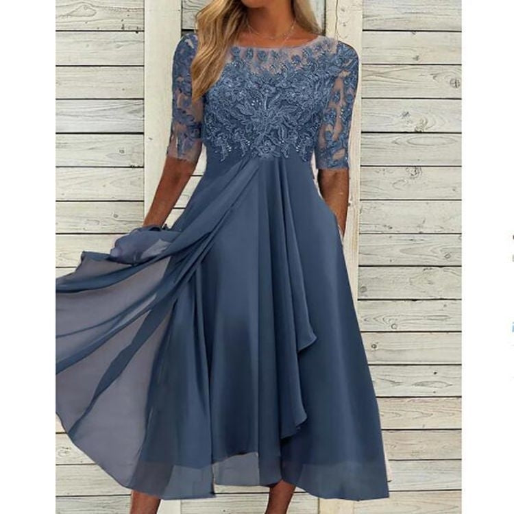 Round Neck Lace Swing Elegant Occasion Formal Wedding Guest Midi Prom Dress Image 1