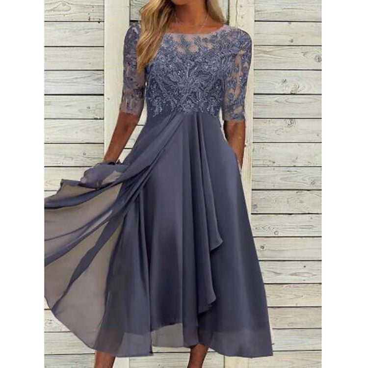 Round Neck Lace Swing Elegant Occasion Formal Wedding Guest Midi Prom Dress Image 3