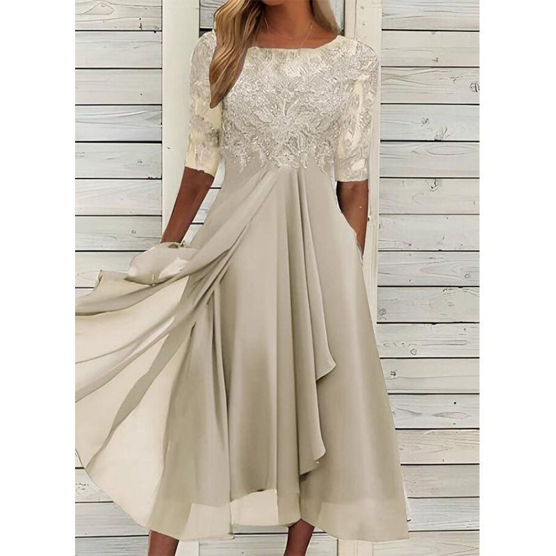 Round Neck Lace Swing Elegant Occasion Formal Wedding Guest Midi Prom Dress Image 4