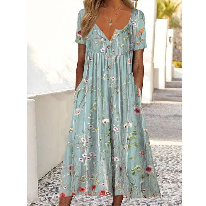 Womens A Line Dress Mixi Dress Light Blue Half Sleeve Floral Ruched Print Spring Summer v Neck Casual Modern Image 1