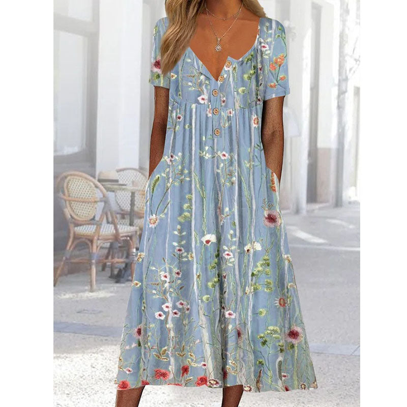 Womens A Line Dress Mixi Dress Light Blue Half Sleeve Floral Ruched Print Spring Summer v Neck Casual Modern Image 2