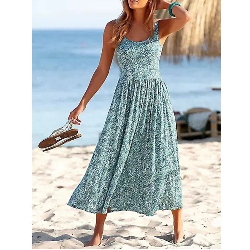 Ditsy Floral Print Elegant Vacation Beach Sleeveless Midi Dress Image 1
