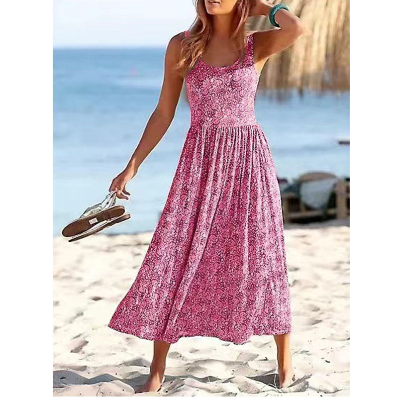 Ditsy Floral Print Elegant Vacation Beach Sleeveless Midi Dress Image 3