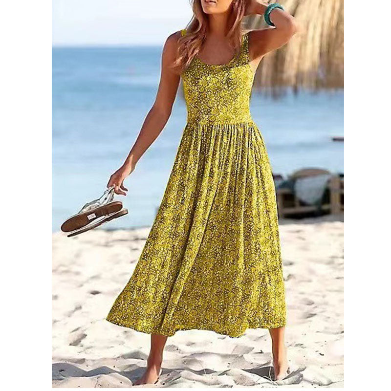 Ditsy Floral Print Elegant Vacation Beach Sleeveless Midi Dress Image 4