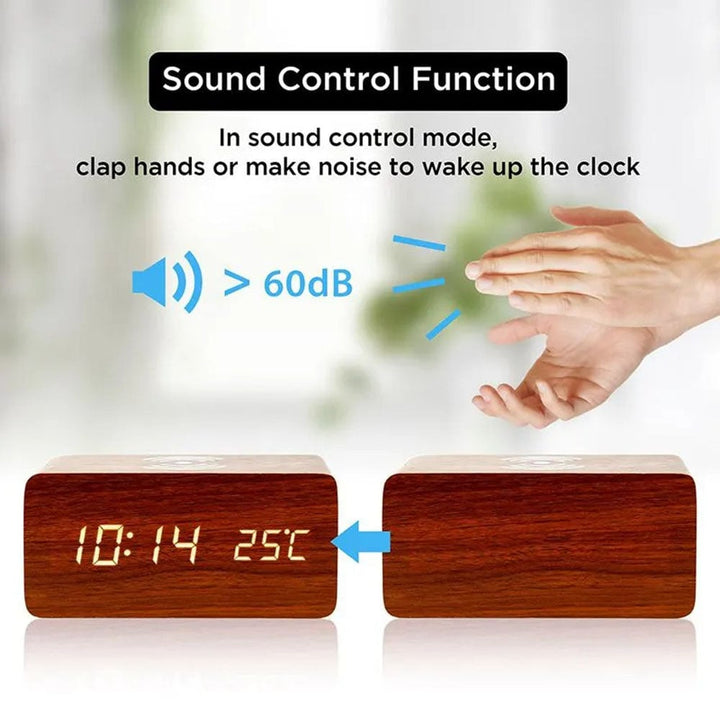 Wooden Led Clock Wireless Charging Bedside Clock with Time and Temperature Display 3 Brightness Levels for your Bedroom Image 4