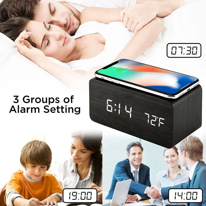 Wooden Led Clock Wireless Charging Bedside Clock with Time and Temperature Display 3 Brightness Levels for your Bedroom Image 6