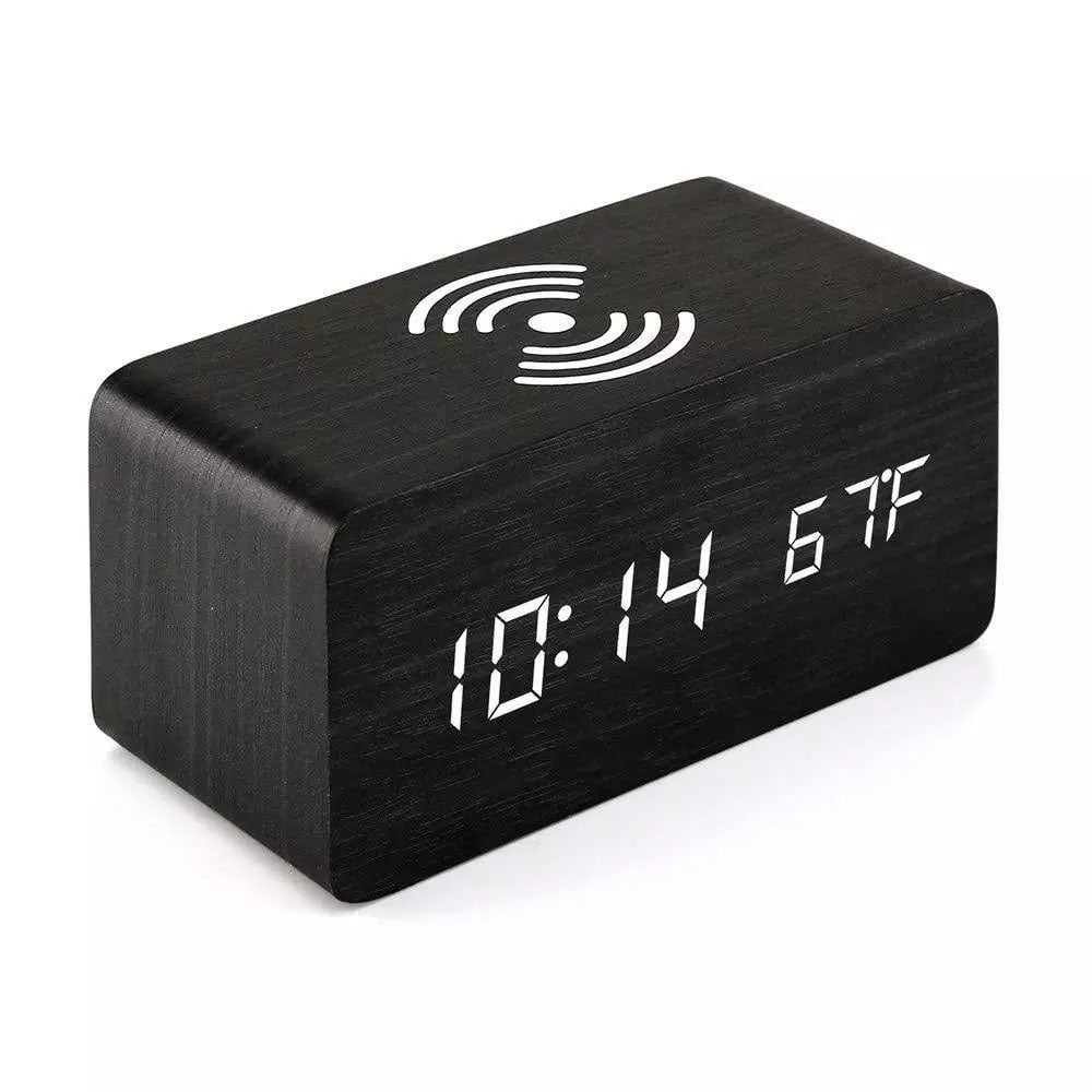 Wooden Led Clock Wireless Charging Bedside Clock with Time and Temperature Display 3 Brightness Levels for your Bedroom Image 1