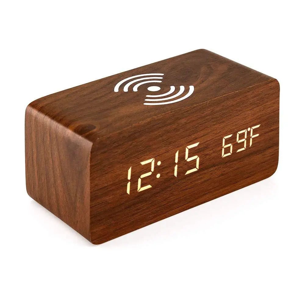 Wooden Led Clock Wireless Charging Bedside Clock with Time and Temperature Display 3 Brightness Levels for your Bedroom Image 10