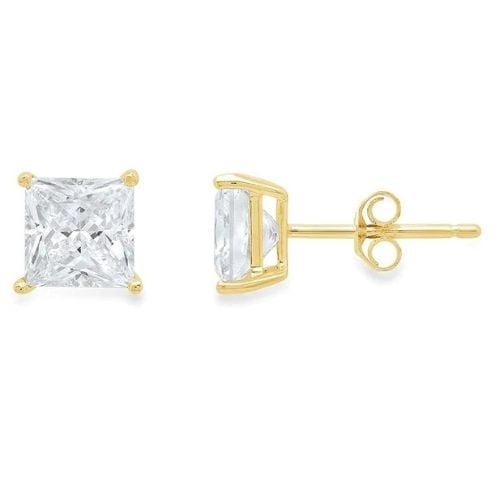 14k Yellow Gold 1-4 Carat Princess 4 Prong Solitaire Created Diamond Stud Earrings 4mm Image 1