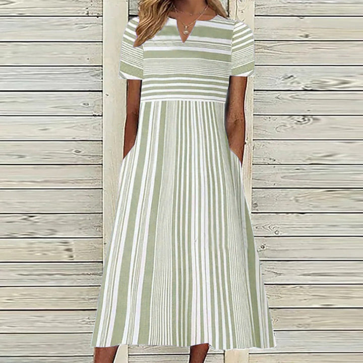 Women Short Sleeve Maxi Dress V-neck Striped Dress Image 2